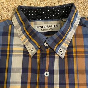 Men's Nick Graham Size L long sleeve dress/ casual shirt Rust/Navy plaid NICE